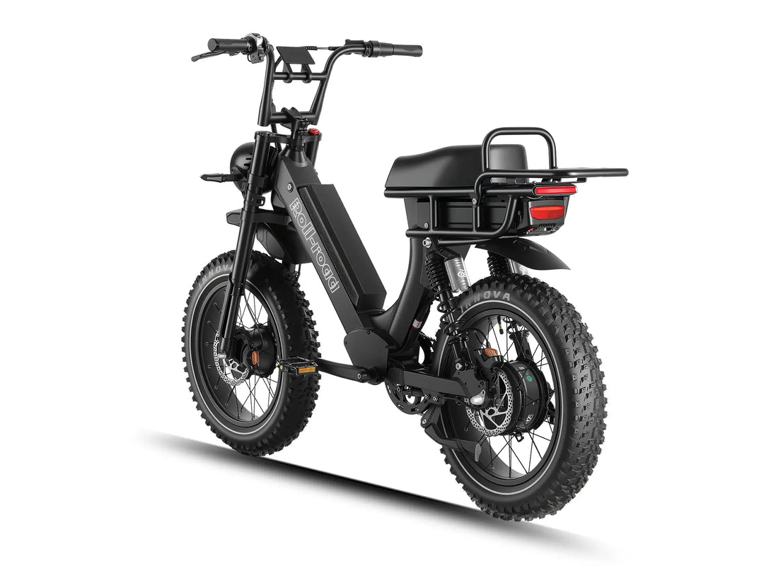 Black LEON electric bike in an angled view, highlighting its dual-motor configuration and robust off-road tires.